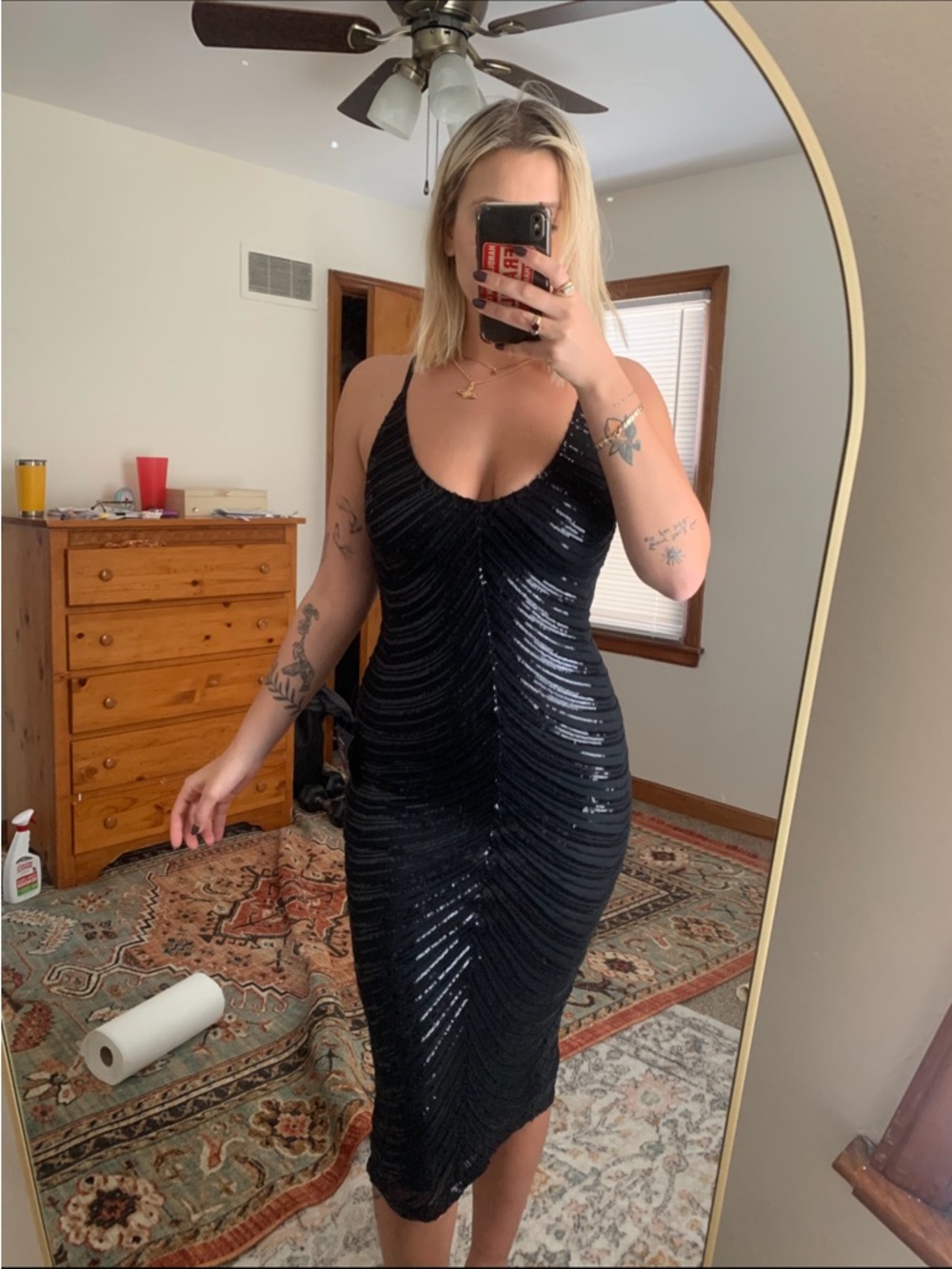 Lulu's Black Sequin Ruched V-Neck Midi Dress - Picture 6 of 6